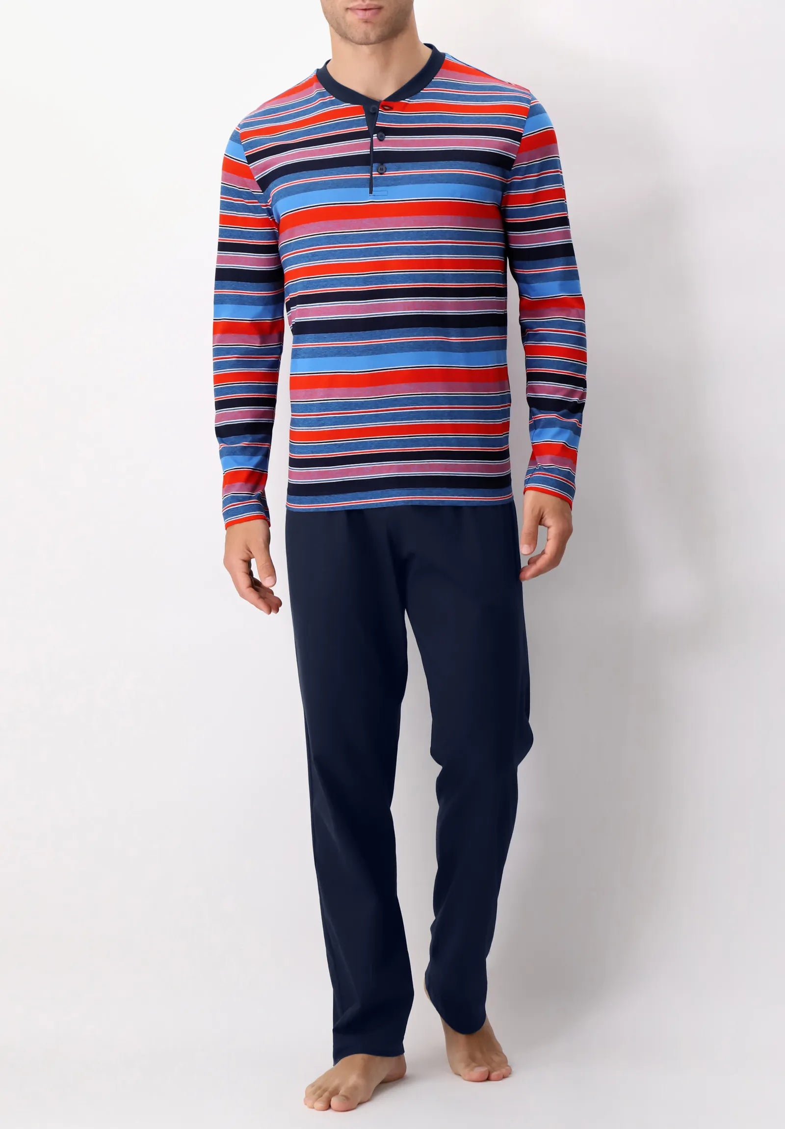 Pigiama Lungo Serafino in Cotone Fantasia Multiriga PEROFIL VPRT92806