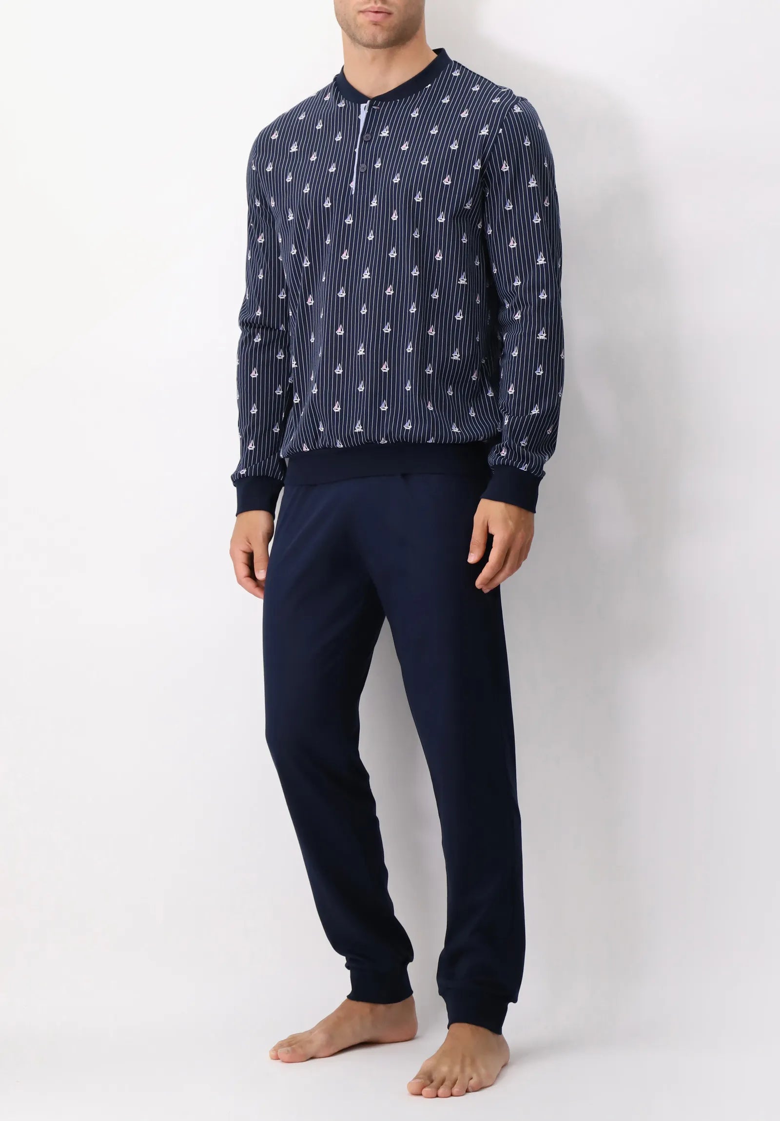 Pigiama Lungo Serafino in Cotone Fantasia Barche a Vela PEROFIL VPRT92816