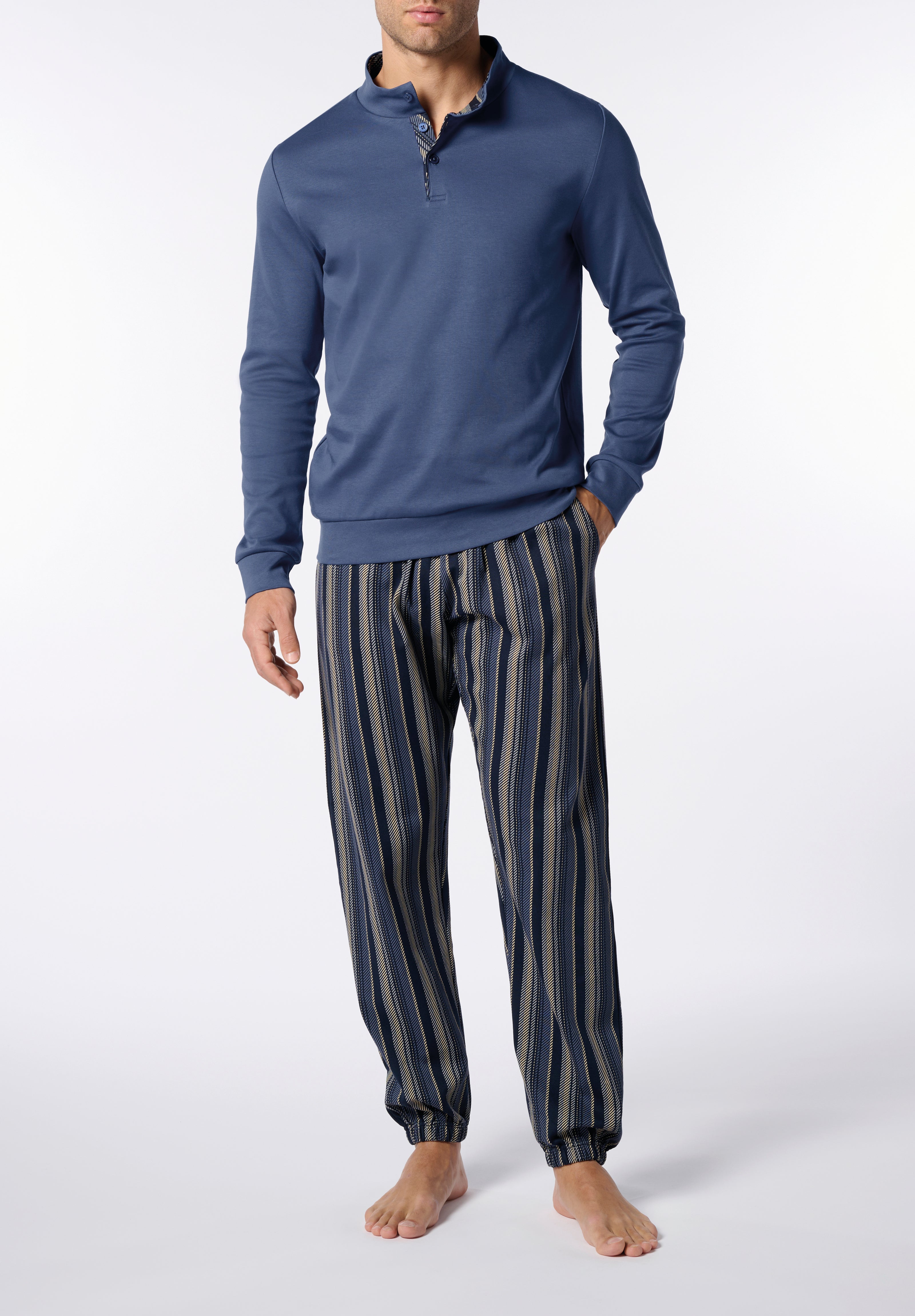 Pigiama Lungo Lupetto con Bottoni in Cotone Invernale Stampa Riga PEROFIL VPRT93204