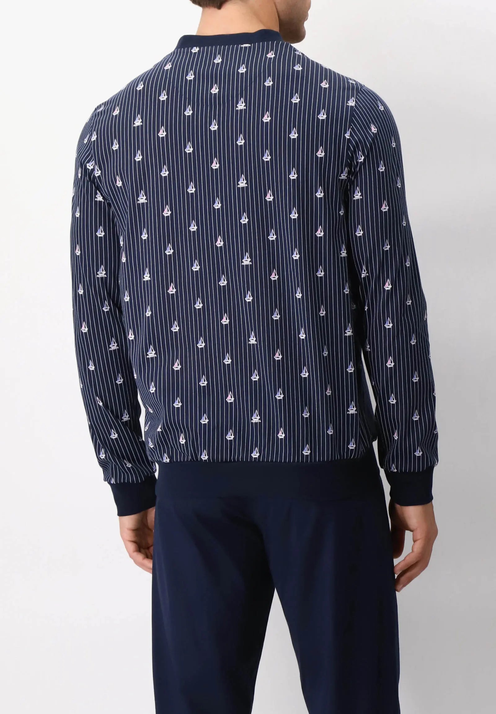 Pigiama Lungo Serafino in Cotone Fantasia Barche a Vela PEROFIL VPRT92816