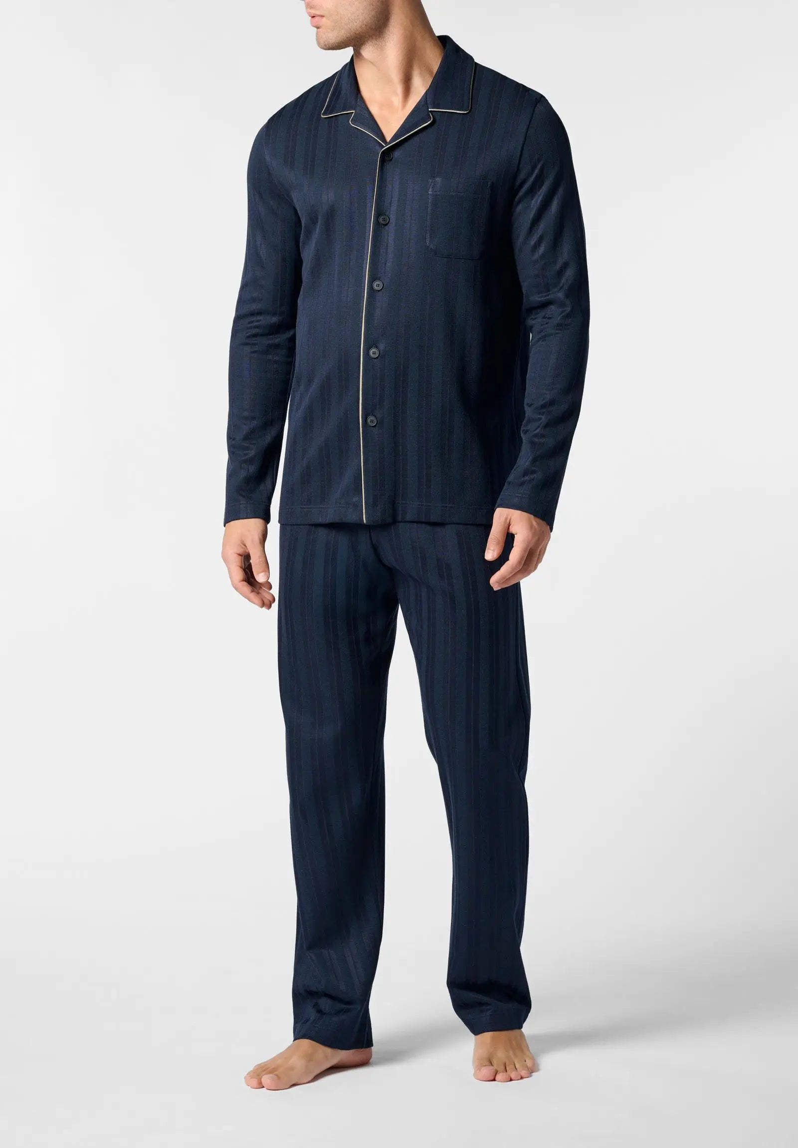 Pigiama Lungo Aperto con Collo in Soft Cotton con Stampa Riga Raso PEROFIL VPRT93223