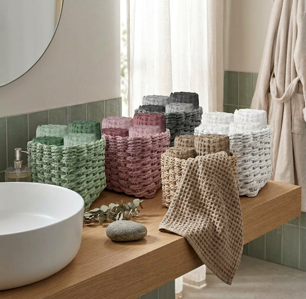 Set 4 Lavette in Spugna Ospiti con Cestino Waffle 30x30cm