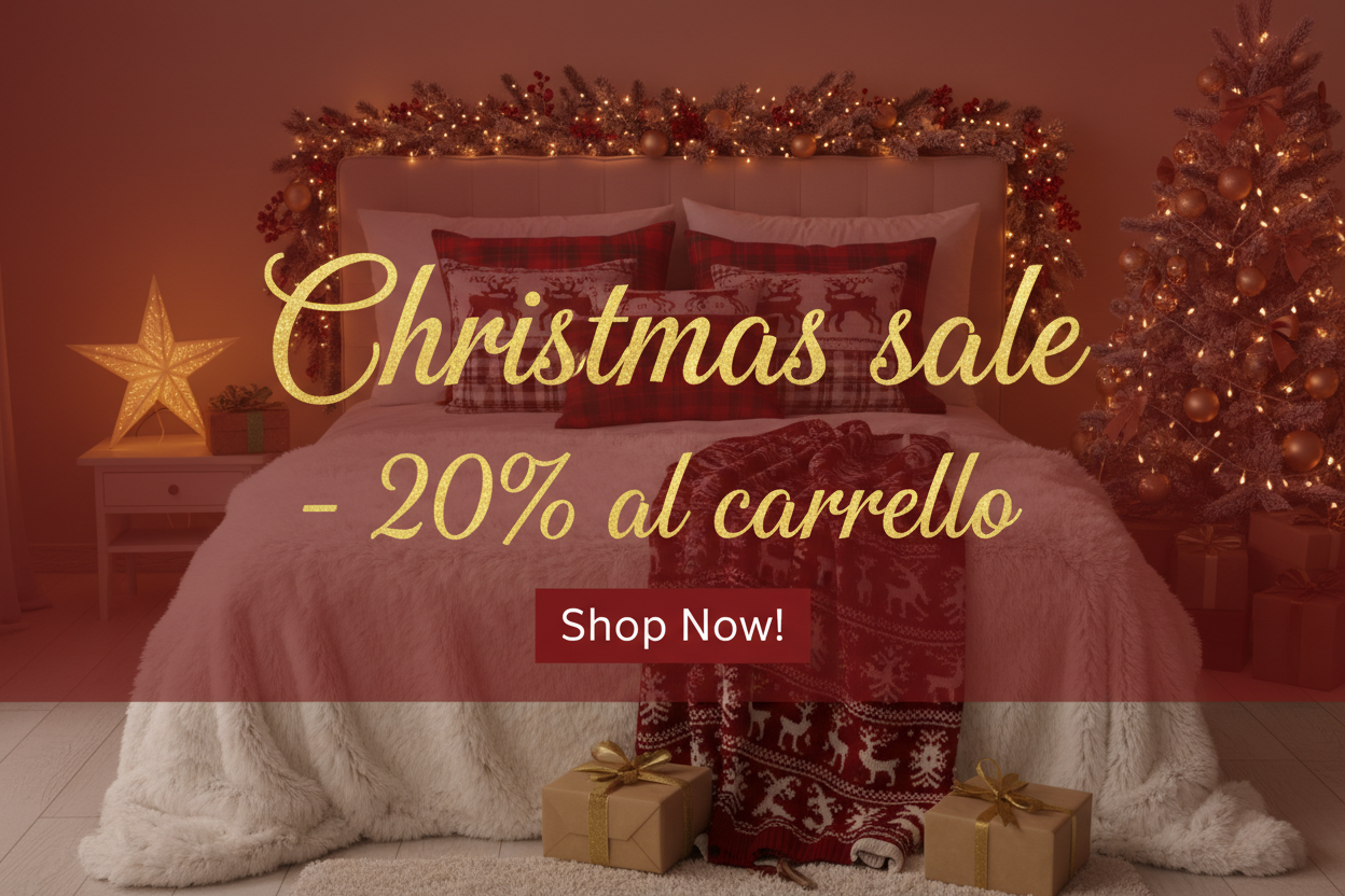 crea una schermata rossa con scritto Christmas sale - 20% al carrello. Inoltre metti come immagine uno sfondo di letto preparato in una casa natalizia