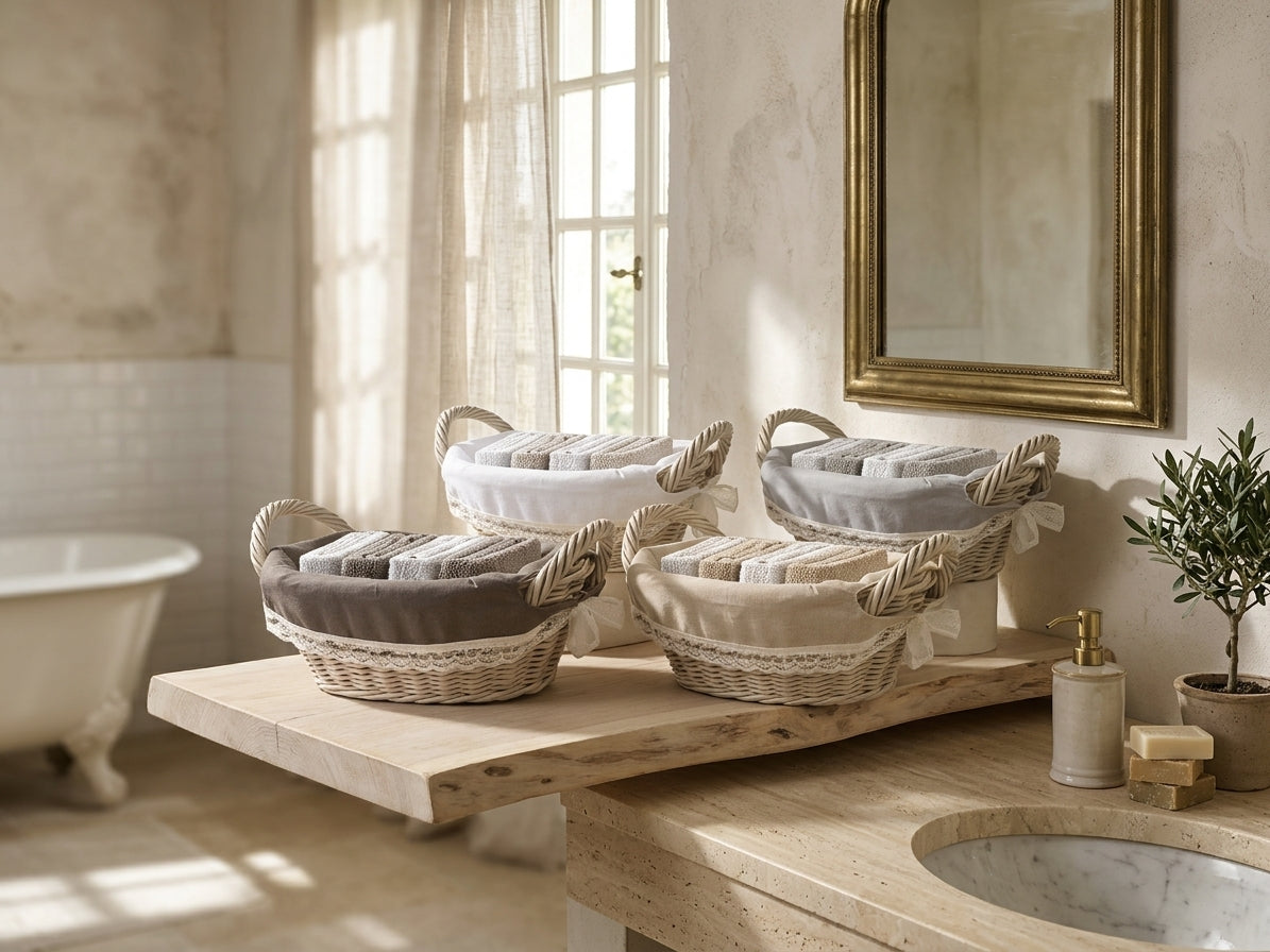 Set 4 Lavette Ospiti Daunex Linea Cottage 30x30 cm in Spugna di Cotone con Cestino