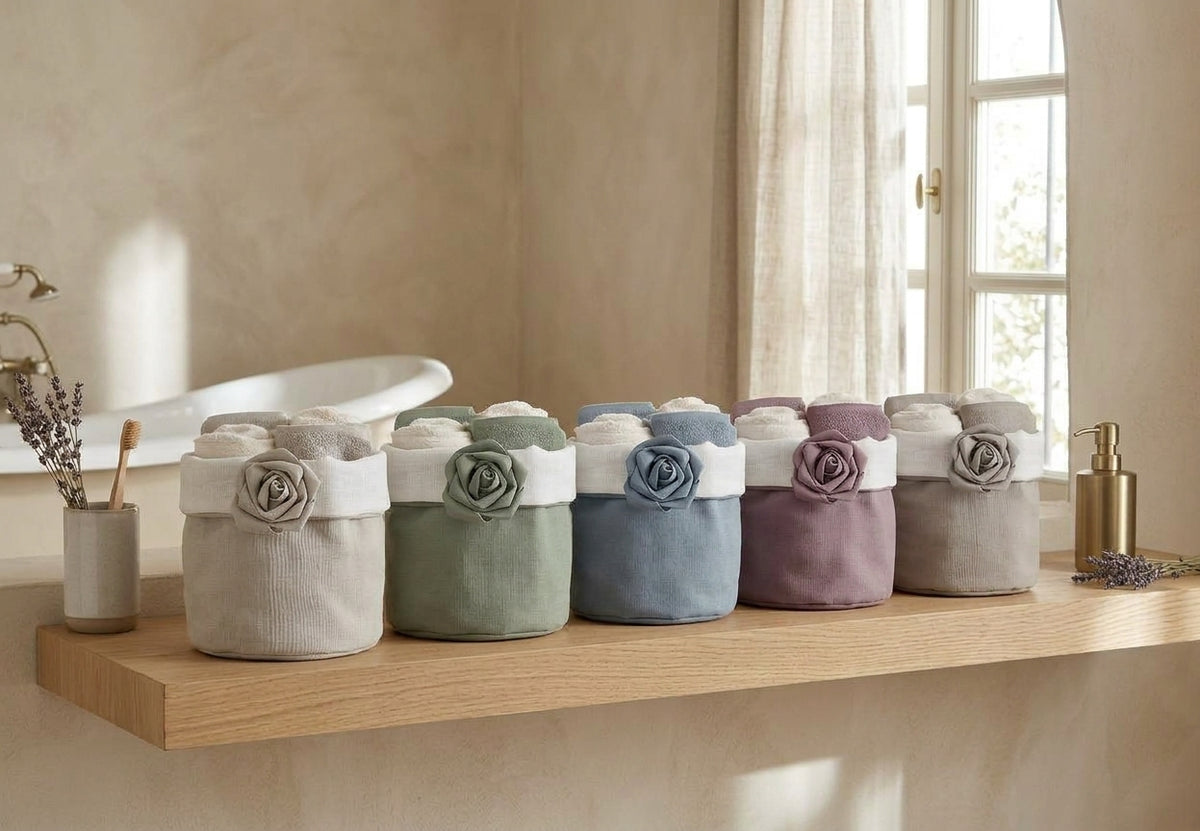 Set 4 Lavette Ospiti con Cestino in Tessuto e Decorazione Bocciolo 30x30cm
