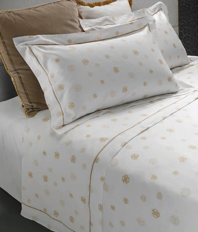 Roberto Cavalli Jewel Monogram Sheets Set in Gold Cotton Satin