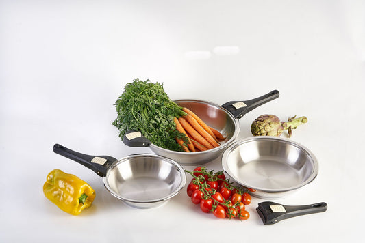 TRIO PANS WITH QUICK CLACK HANDLE (REMOVABLE HANDLE) COOKWARE BATTERY COMPLEMENT